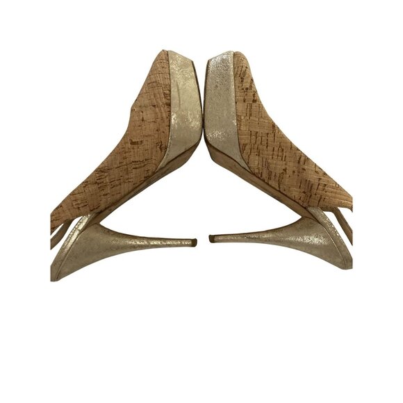 Oscar De La Renta Peep Toe Platform Slingback Heels Size 5.5 Tan & Gold - Picture 6 of 7